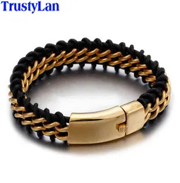 TrustyLan Gold Color Stainless Steel Leather Bracelet Men 18MM Wide Mens Leather Bracelets Jewelry Wristband Drop Gift C109642794