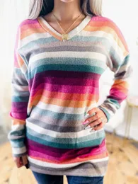 Colorful Striped Pocket VNeck Blouse Autumn Women Harajuku Fashion Bodycon Elegant Club Party Long Sleeve Tops 240125