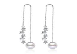 Omhxzj Whole Fashion Pentagram Pearls Star 925 Sterling Silver Tassel Pendant drop long Earling earrings for women ys1551987352