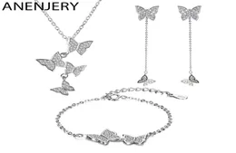 Anenjery Exquisite S925 Stamp Silver Color Micro Zircon Butterfly Tassel NeckLaceEarringBracelet for Women Jewelry Sets 2009232594085