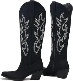 Botas de cowboy com strass para mulheres – Botas de cowboy de cano alto com zíper lateral e bordado brilhante com glitter