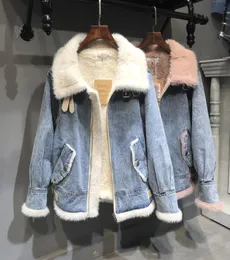 Womens Winter Lamp Wool Wool Liner Faux Fur Coat with Jeans Denim Jacket Turn Turn Dowm Collar Ofterwear Coats Basic Basic Women Cowboy SH6473947