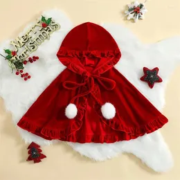 Giacche Natale Ragazze Mantello rosso Bello morbido poncho con cappuccio in pizzo con volant Mantella con palline di peluche Costume per bambini