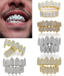 18K Real Gold Punk Hiphop Cubic Zircon 뱀파이어 치아 Fang Grillz 치과 입 그릴 브레이스 치아 모자 랩퍼 보석 Cosplay p8816020