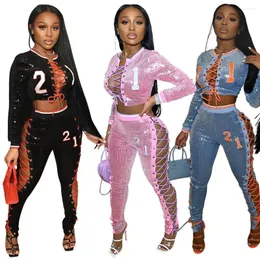 Women's T Shirts 2024 Auturn Women Sexy Bandage Coat With Pencil Pants And Two Piece Fashion Sequin Set