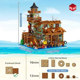 BLOCKS Creative Fishing House Village Butik Street View Set Wood Seaside Cabin Apartment Mini Buildblock Figurer Toy For Kid Gift