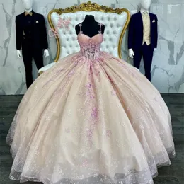 Champagne Sweet 16 Quinceanera Dress Spaghetti Strap Appliqued Lace Tull Ball Gown Princess Party Birthday Dress 15 Vestidos de