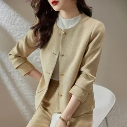 Pant Suit Fashion Office Ladies Luxury Round Neck Singlebreasted Blazer Jacket Straight Pants 2pcs Matching Set 240122