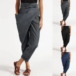 Women Summer Pants Irregular Pockets Streetwear Solid Color High Waist Trendy Straight Wide Leg Cropped for Dating 240201