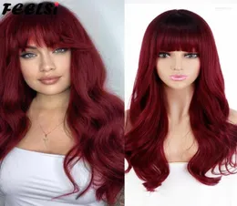 Синтетические парики FEELSI Длинные волнистые прически Ombre Винно-красный парик с челкой для женщин Косплей Лолита Высокотемпературное волокно Kend223638328