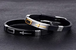 Moda masculina feminino silicone pulseira geléia pulseira de aço inoxidável cruz design jóias punk masculino hip hop charme pulseiras para gif6909765