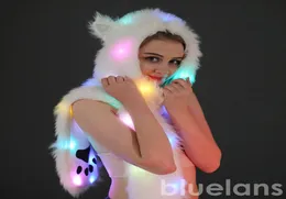 Kvinnor Led Light Up Faux Fur Animal Ears Hood Hat med Scarf Festival Supply9592252