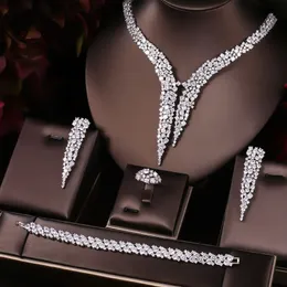 AccKing Luxury Sparking Brilliant Cubic Zircon Drop Earring Necklace Heavy Dinner Jewelry Sst Wedding Bridal jewelry sets 240119