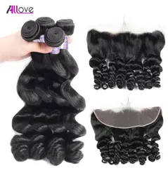 Allove Whole Brazylian Human Hair Pakiety splatają luźną falę z koronkowym zamknięciem czołowym 13x4 4PCS dla kobiet w każdym wieku 9353565