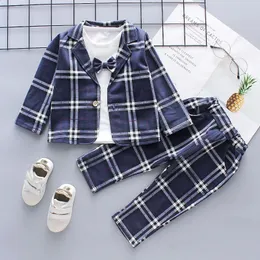 Baby Jungen Herbst Gentleman Kleidung Set Kleinkind Formale Party Kostüm Kinder Karierten Mantel Hemd Hose Schleife 4 Stück Anzug Geburtstag Outfit 240218