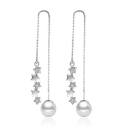 Omhxzj Whole Fashion Pentagram Pearls Star 925 Sterling Silver Tassel Pendant drop long ear Line earrings for women ys1552889644