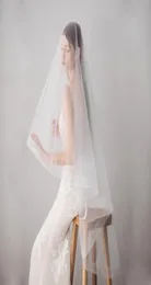 Véus de noiva com borda de fita duas camadas tule elegante venda véu de casamento comprimento da ponta do dedo marfim bwv6096241230