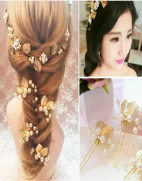 Forcina per capelli da festa romantica foglia oro copricapo da sposa in lega di perle color oro8648730