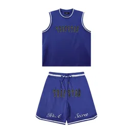 Trapstar-Trainingsanzüge, Herren-Trainingsanzüge, blaues Mesh-besticktes Jersey-Shorts-Set, Basketballbekleidung für Männer, ärmellose Weste aus UK, Sport