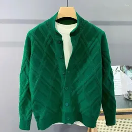 Maglioni da uomo Maglione lavorato a maglia Cardigan maschile in tinta unita Abbigliamento con colletto Argyle Plaid Verde Tinta unita in cotone Felpa moda coreana