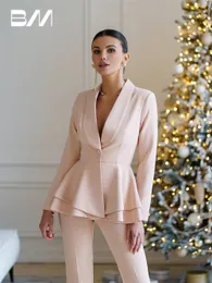 Pink Two Piece Flare Women Suit Set Blazer Pants Solid Formal Wedding Party Dress Wear Office Business Outfit Plus Size 240124