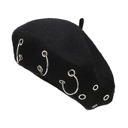 Модные зимние береты для женщин и девушек в стиле панк-рок, железные кольца, береты, шапки, шерстяные шапки в стиле ретро, черные шерстяные кепки художника 240118