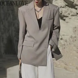 OCEANLOVE Spring Autumn Blazers Feminino Solid Korean Fashion Vintage V Neck Blazer for Women Irregular Casaco 240202