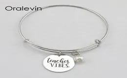 TEACHER VIBES Inspirational Hand Stamped Engraved Charm Pendant Expandable Wire Bracelet Bangle Gift Fashion Jewelry10PcsLot L99522646533