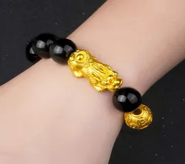 Black Obsidian Beads Feng Shui Armband 3D Gold Plated Wealth Pixiu Armband Mascot Animal Jewelry5013201