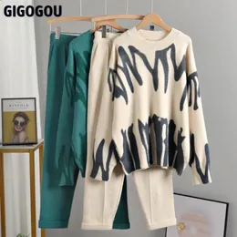 GIGOGOU OverSized Tie Dye Winter Knit Two Piece Set Women Harem Pant Suits Loose Sweaters Jogging Knitted Tracksuit Outfits 240125
