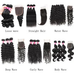 Factory Cheap 8A Unprocessed Brazilian Virgin Hair 3 Bundles with 44 Lace Closure Straight Hair Body Loose Deep Curly Water36513461862482