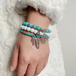 Strand 3st Leaf Charm Armband Blue Turquoises Stone Pärlor för kvinnor Life Tree Healing Smycken Kvinnliga armband Male