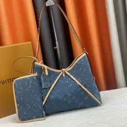 Blaue große Denim-Einkaufstasche, modische Damen-Designer-Handtaschen, hochwertiger Canvas-Rindslederbesatz mit abnehmbaren Reißverschluss-Clutch-Taschen