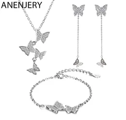 Anenjery Exquisite S925 Stamp Silver Color Micro Zircon Butterfly Tassel NeckaceeArringBracelet för kvinnliga smyckesuppsättningar 2009237152659