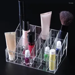 Sacos cosméticos de alta qualidade 24 treliça trapézio plástico transparente maquiagem display rack batom suporte organizador caixa