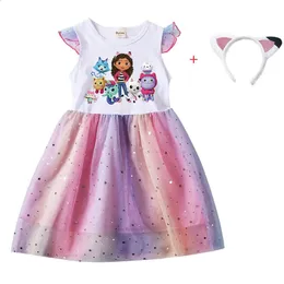 Cartoon Gabby Cats Baby Girl Dresses Kids Gabby's Doll House Clothes Cosplay Costume Children Fly Sleeve Casual Dress Headband 240126