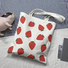 Einkaufstaschen Frauen Leinwand Tote Shopper Tasche Große Eco Erdbeere Druck Schulter Für Mädchen 2024 Weibliche Student Faltbare Handtasche