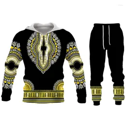 Męskie dresy, swobodne bluzy z kapturem 3D w stylu afrykańskim w stylu vintage para pozwu sportowym Hip Hop Long Rękaw jesień/zimowe ubrania