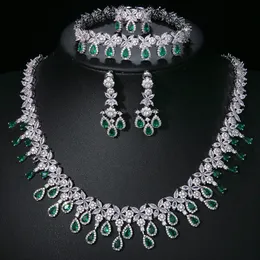 Luxury 4st brudbröllopsmycken uppsättningar Green Stone Crystal AAA Cubic Zirconia Party Dress Fine Jewellery Set for Women 240130