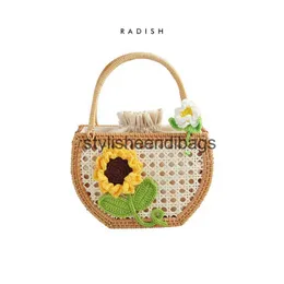 Totes verão praia piquenique tecido oco cesta de vegetais saco de palha mão crochê tulipa flor bolsa feminina portátilh24218