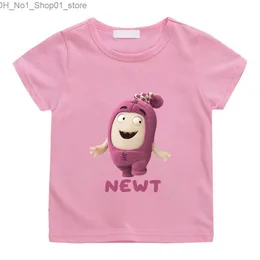 T-shirts OddBods Newt Pink Children Söt T-shirt 100% bomullsavstånd Summer O-Neck Tee-Shirt Kawaii Tecknad pojkar och flickor T-shirts Funny Q240218