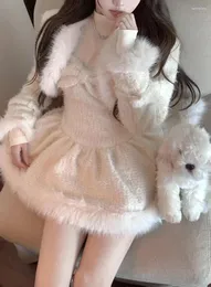Casual Dresses 2024 Winter Faux Fur 2 Piece Dress Set Women Y2k Clothing Blazers Jacket Coats Korean Fashion Suits Kawaii Chic
