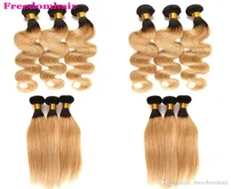 T1B27 Ombre Brazilian Body Wave Straight Hair 34 Bundles Deals Blonde Ombre Peruvian Human Hair Extensions Remy Human Hair Weave7493704