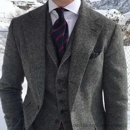 Ternos masculinos blazers cinza lã tweed inverno ternos masculinos para casamento formal noivo smoking espinha de peixe moda masculina 3 peça (jaqueta + colete + calças + gravata)