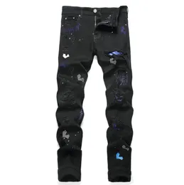 Mäns jeans strass design varumärke män manlig ljus svart y2k high street denim målar graffiti mönster skadade rippade magra byxor