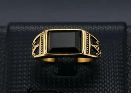 European and American Classic Retro Ring Titanium Steel ColorRetaining Gold Plated Black Agate Masonic AG Mens Ring7667676