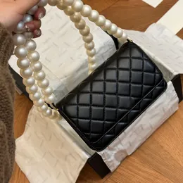 Luxo genuíno couro feminino designer crossbody saco famosa marca francesa dupla carta flip saco moda diamante treliça pérola corrente cor sólida bolsa de ombro