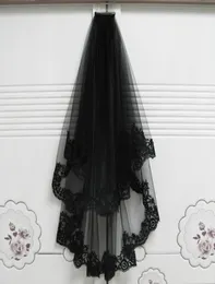 Véus de casamento curtos decoração de Halloween preto com pente duas camadas apliques de renda acessório de cabelo véus de noiva 65cm85cm 2015402231