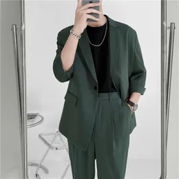 2023Spring Summer Solid Loose Medium Sleeve Suit Wide Version Nine Points Pant Suit Business Social Party Casual Set Set 240125