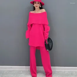 Calças femininas 2 pçs elegante conjunto mulheres primavera outono cor sólida longo kit slash pescoço jumper de malha calças retas festa wear